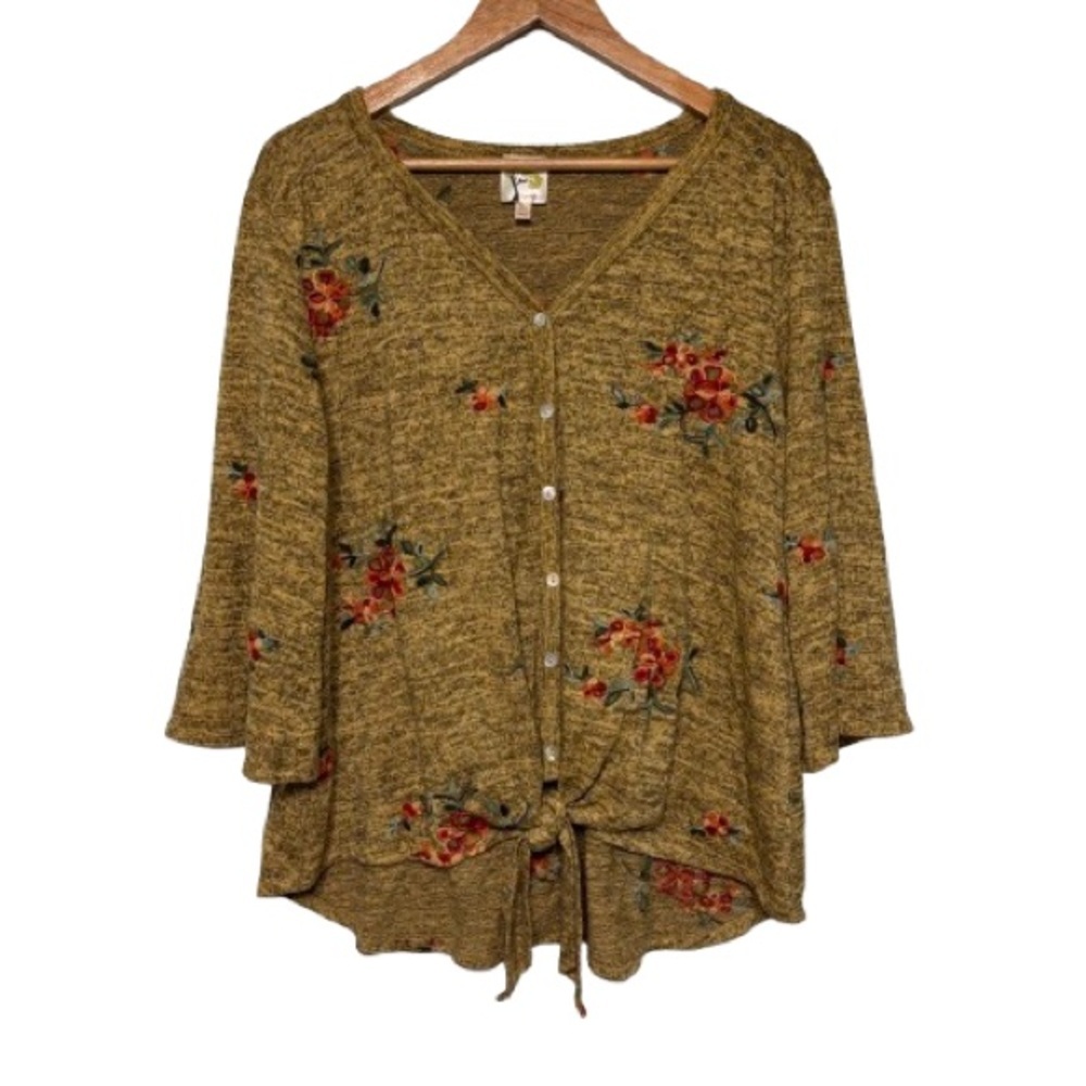 Fig and Flower Floral Embroidered Tie Front Long Sleeve Sweater Top Size 2X